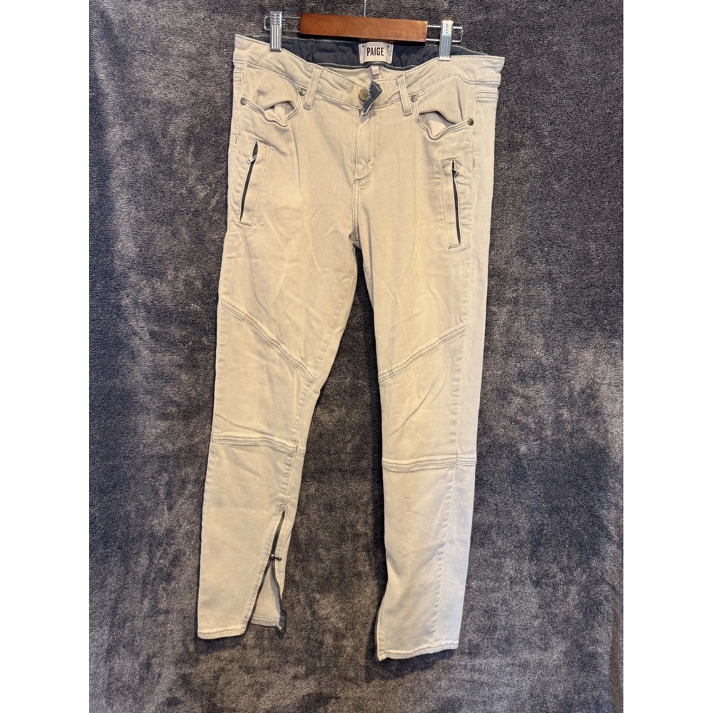 Paige Marley Moto Skinny Jeans Light Gray Ankle Zip Ribbed‎ Knee Size 27 Womens